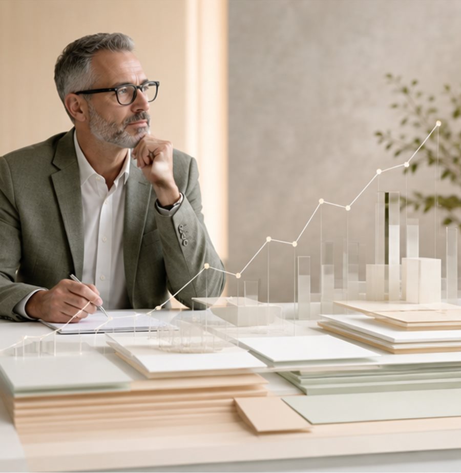 A business leader reviewing a growth trajectory against a cost baseline